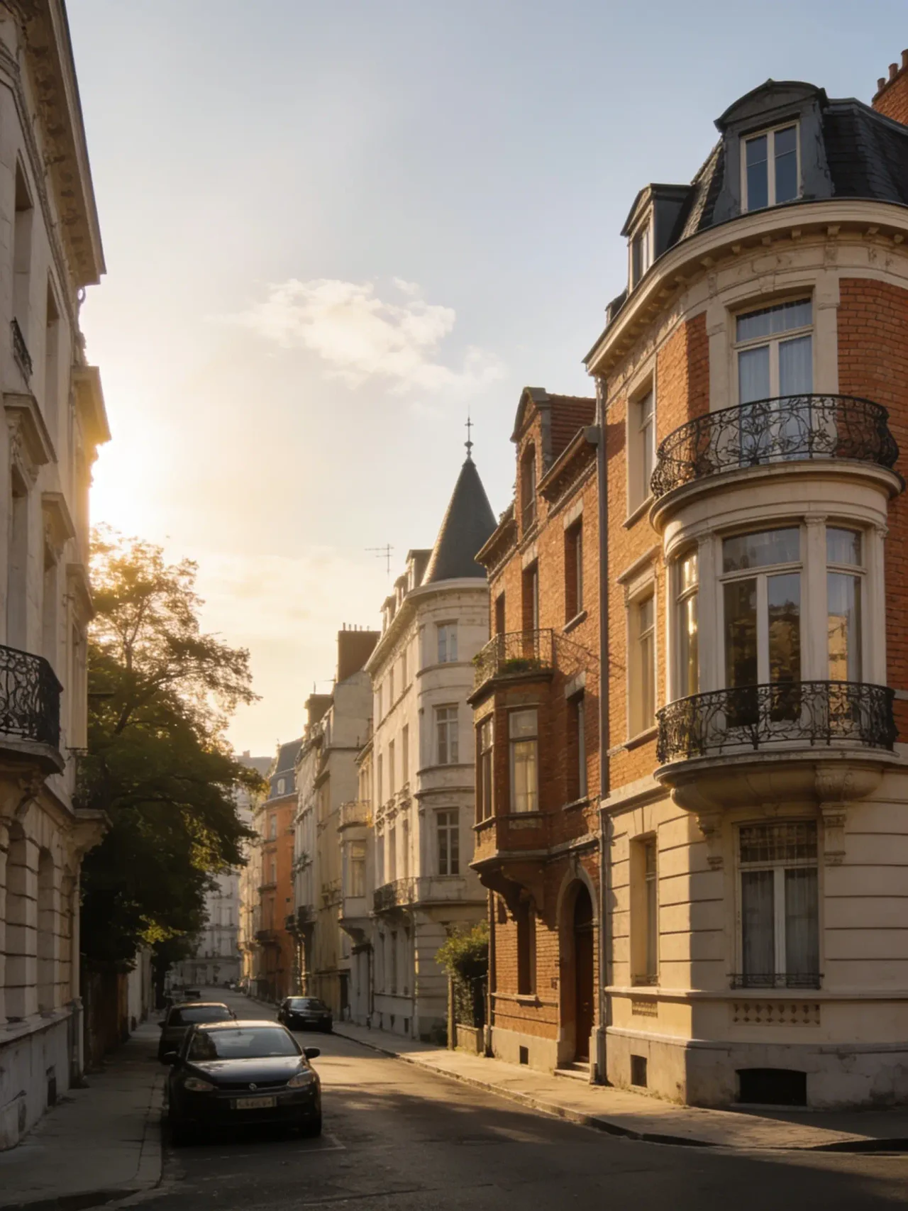 Rue résidentielle bruxelloise bordée de plusieurs immeubles en copropriété, maisons de maître à la lumière chaude